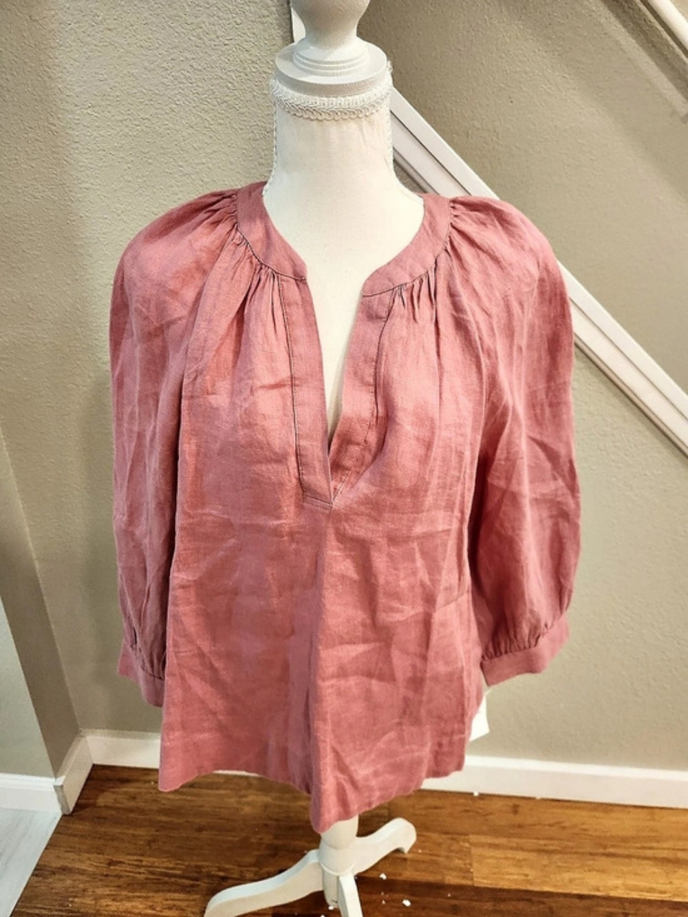 Charter Club 100% Linen Split-Neck 3/4-Sleeve Blouse Pink Small